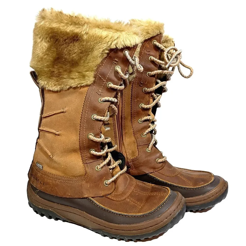 Merrell Decora Prelude Duck Boots Women 6.5 Brown Sugar Leather Insulated Zipper